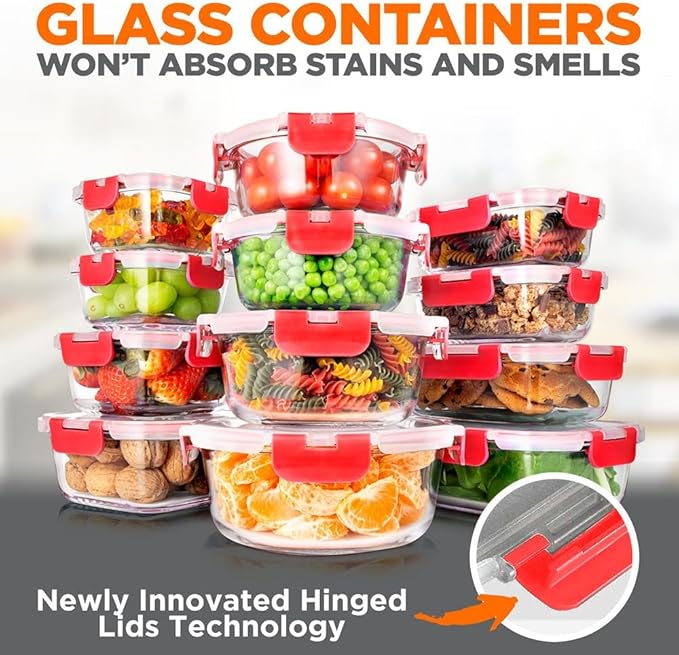 SereneLife 24 Piece Glass Storage Containers with Lids, 12 Pack Glass Meal Prep Container Set for Lunch, Kitchen Storage, Food Storage, Leak Proof, Freezer Safe and Dishwasher Safe, Red
