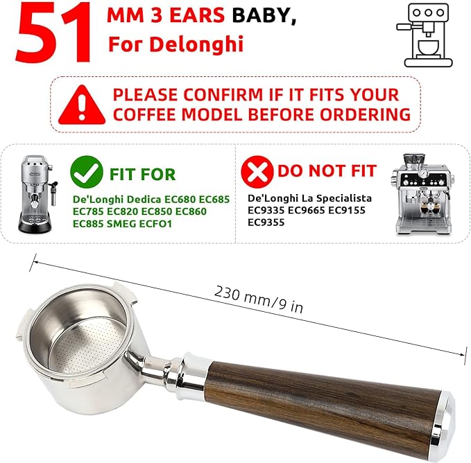 51mm 3 Ear Bottomless Portafilter for De Longhi EC680 EC685 EC885, Davonpha Professional Espresso Portafilter wi th Stainless Steel Basket & Black Rosewood Handle