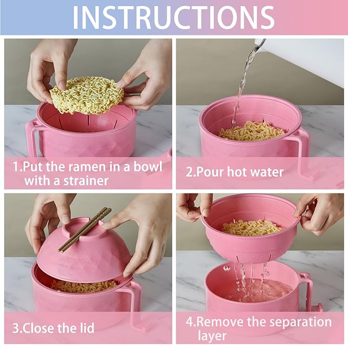 2 Sets Microwave Ramen Bowl 40 oz Wheat Fiber Portable Instant Noodle Cooker Bowl with Handles Strainer Spoon Chopstick Fork College Dorm Room Apartment Essentials(Pink, Light Blue)