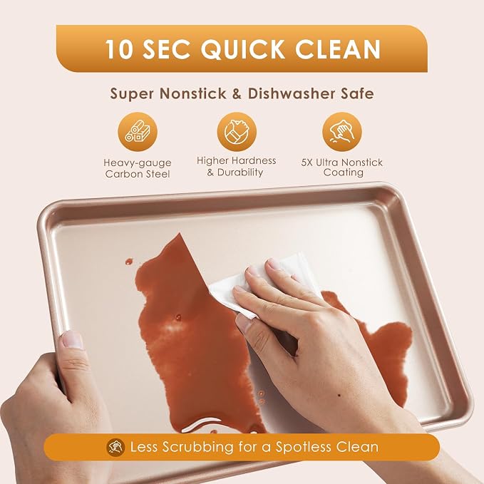 Baking Sheet Pan Set of 3, Nonstick Commercial Cookie Sheets for Baking | Commercial Half/Quarter/Jelly Roll Pans Replacement Toaster Oven Tray, Heavy Duty & Easy Clean