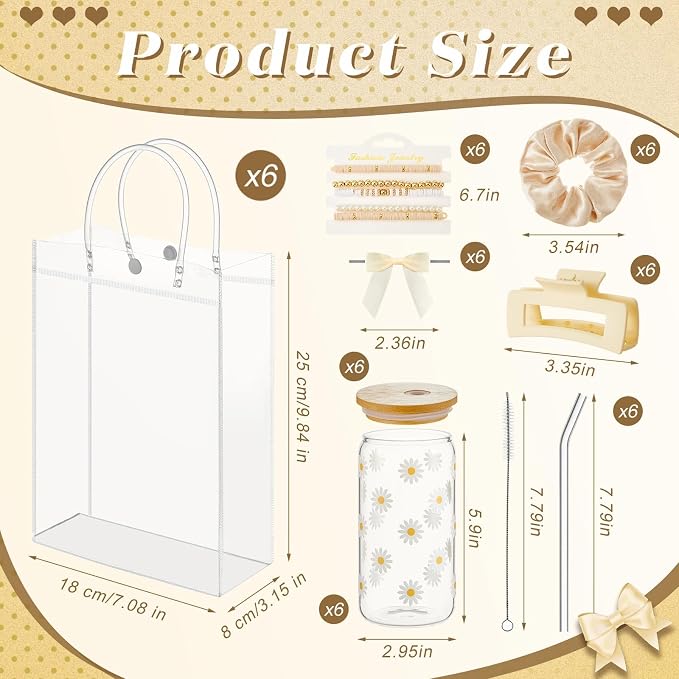 Suncalla 36 Pcs 6 Set Beige Birthday Gifts for Women, Sleepover Spa Party Girls Trip Bachelorette Party Favors for 6 People, Daisy Glass Cup Bracelets Hair Bands Hair Clip Tote Bags Bows