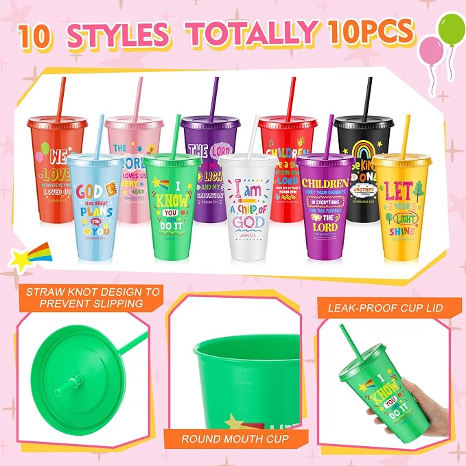 Uiifan 10 Pcs VBS Christian Cups for Kids Bulk, Reusable Plastic Tumblers with Lids and Straws, Bible Verse Cups for Sunday School, VBS, Church Events, Classroom Rewards, Kids Party (Multicolor)
