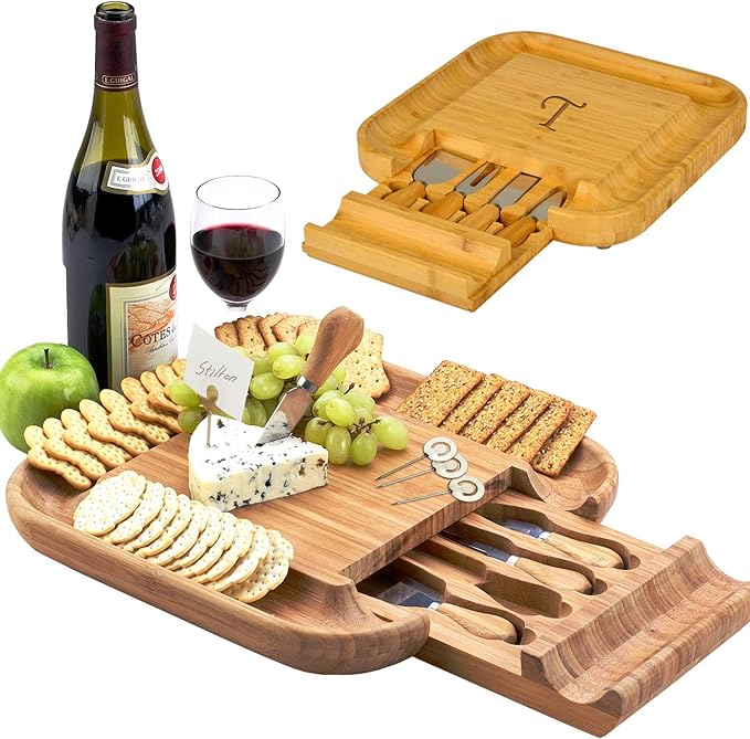 Picnic at Ascot Personalized Monogrammed Engraved Bamboo Cutting Board for Cheese & Charcuterie with Knife Set & Cheese Markers- Designed & Quality Checked in USA