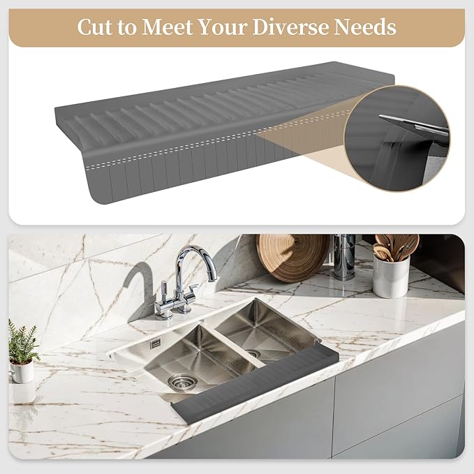 Sink Edge Protector with Suction Cup, 14" x 4", Silicone Sink Splash Guard for Kitchen & Bathroom, Protect Countertop from Scratches, Stains, for Stainless Steel Granite Quartz, Gray