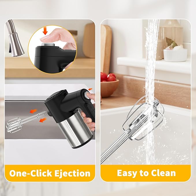 Cordless Electric Hand Mixer, 7 Speed Rechargeable Wireless Handheld Mixer with Eject Button, Long Battery, Quiet Anti-Splash, 6×304 Stainless Steel Attachments & Storage Base for Baking (Black)