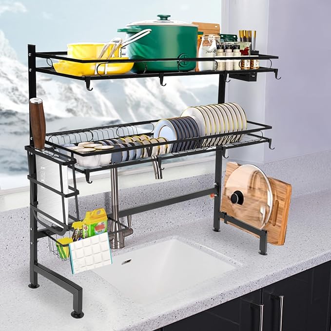 Over The Sink Dish Drying Rack, 2-Tier Multifunctional Over The Sink Dish Rack, Large Storage Space Kitchen Dish Drying Rack for Storing Seasonings, Dishes, Chopsticks, Cutting Boards (32.3in)