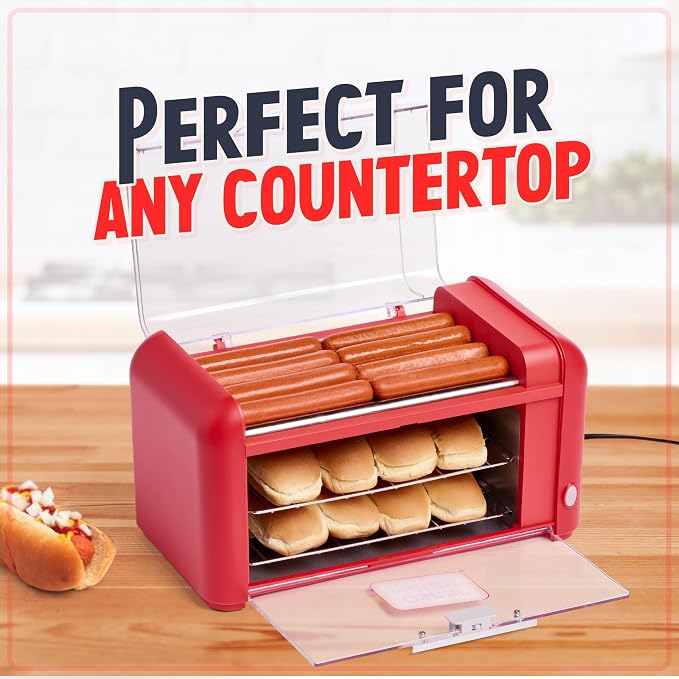 Nostalgia Oscar Mayer Extra Large 8 Hot Dog Roller & Bun Toaster Oven- Stainless Steel Grill Rollers for Cooking Veggie Sausages & Brats- Multi-Use Warming Oven with Adjustable Timer for Parties - Red