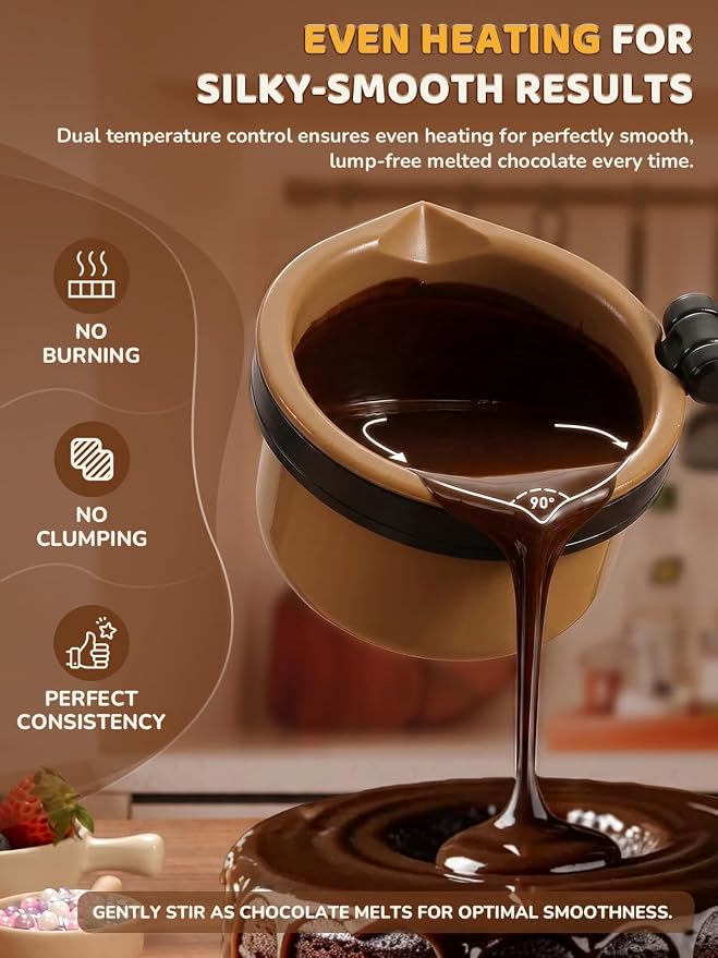 LUSHYUM Electric Chocolate Melting Pot with 2 Insert Pots, 4-Cup Chocolate | Even Heating, Fast Melting, BPA-Free Silicone, Easy Clean, Less Waste, Ideal for Chocolate, Candy Melts, Parties, Fondue