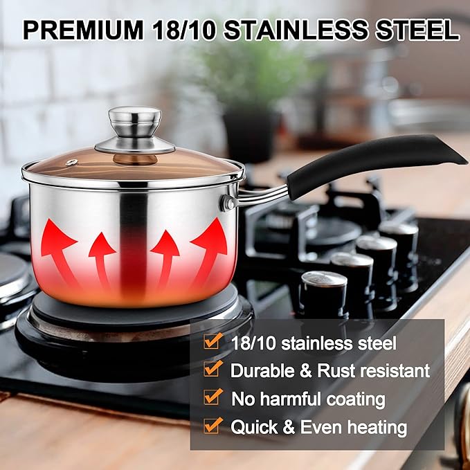 LIANYU 2QT Saucepan with Cooking Utensils, 2 Quart Stainless Steel Sauce Small Pot Soup Milk Pan, Silicone Kitchen Utensils Set with Holder, Dishwasher Safe
