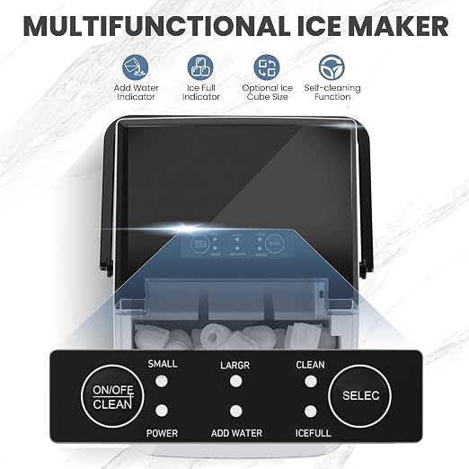 DUMOS Countertop Ice Maker with Handle, 26lbs/24H, Makes 9 Bullet Cubes in 6 Mins, Auto-Cleaning, Portable Ice Machine for Home Kitchen RV Camping, Black