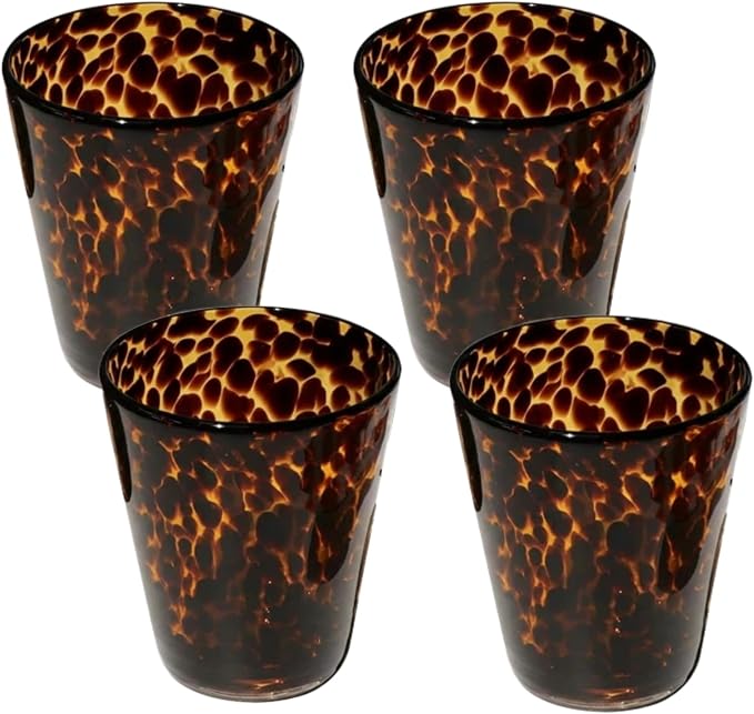 Honeydak Set of 4 Tortoise Leopard Print Brown 10 oz Rocks Glasses Stylish Stemless Cocktail Cups Glass Glassware Tumbler Ideal for Gin, Tequila, Vodka, Soft Drinks