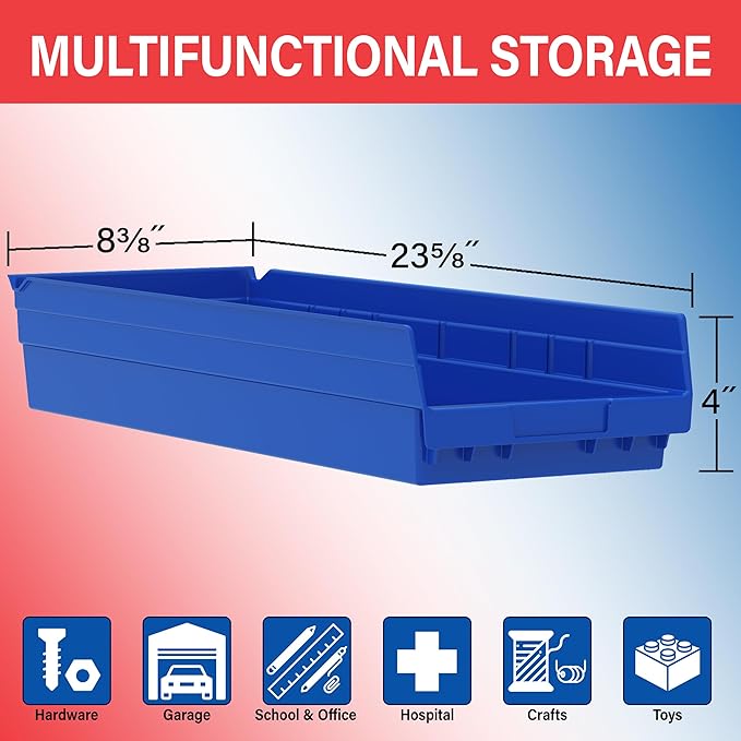 Akro-Mils 30184 Plastic Shelf Bins, Heavy Duty Storage Bins for Garage, Closet, and Drawer Organization, 24" x 8" x 4", Red, 6-Pack