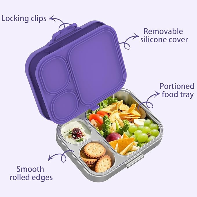 Stainless Steel Lunch Box, Leak-Proof with free sealing Bento Box 3 Compartments, Metal Lunchbox for Travel & Work, Eco-Friendly Meal Storage Solution Purple
