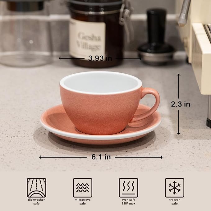 Loveramics Matt Cappuccino Cup, 8 oz Ceramic Latte Art Mug with Saucer, Thick-walled stoneware cup Set, Barista Latte Cup Set for Latte, Cappuccino, Tea - Mineral Colors (Cinnabar, 8OZ)