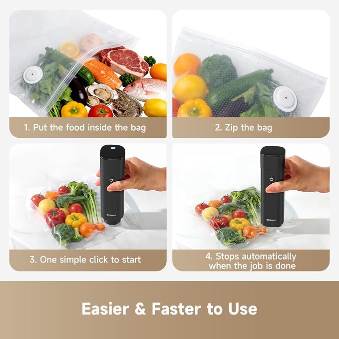 DREAME VH20 Handheld Vacuum Sealer Machine for Food with 30 Reusable Vacuum Bags, Compact Food Vacuum Sealer, Auto Stop, Rechargeable Food Sealer Saver, Dry & Moist Modes, For Container & Wine Bottles