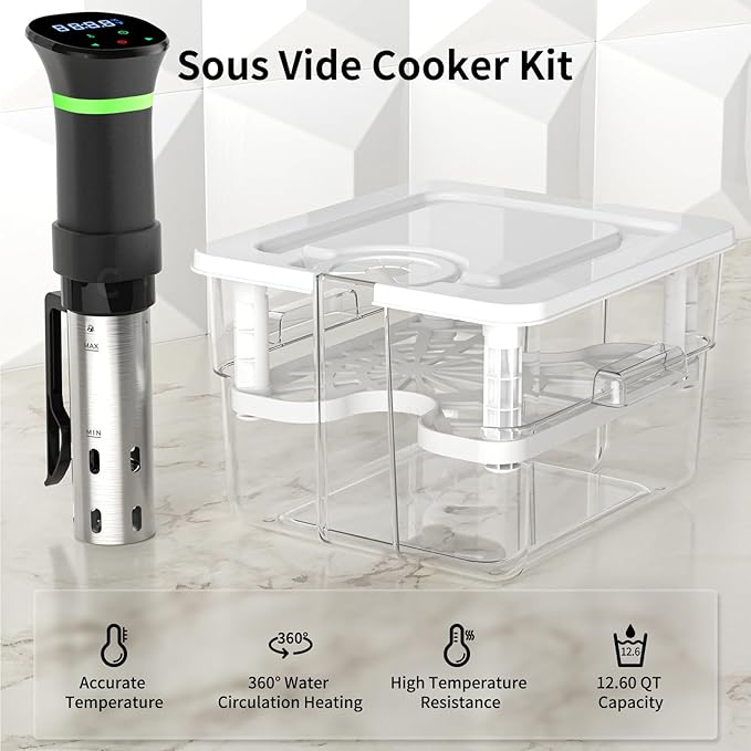 Sous Vide Cooker Kit, 1000W Sous Vide Machine and 12.60QT Sous Vide Container with Lid and Adjustable Rack, with Temperature and Time Digital Display Control