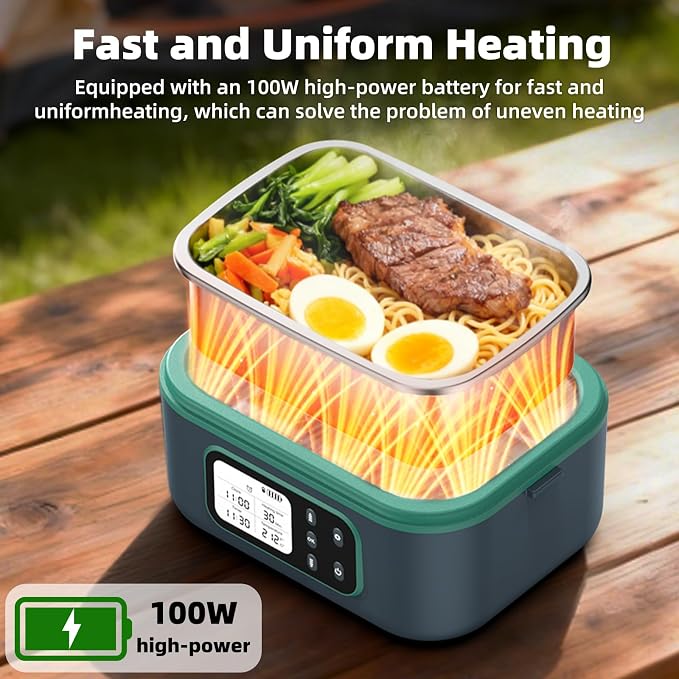 6.3 Cups Cordless Electric Lunch Box for Adults, 100W Rechargeable Battery Powered Automatic Scheduled Heated Lunchbox, Rapid Heating Portable Food Warmer BPA Free for Hot Meals Anywhere