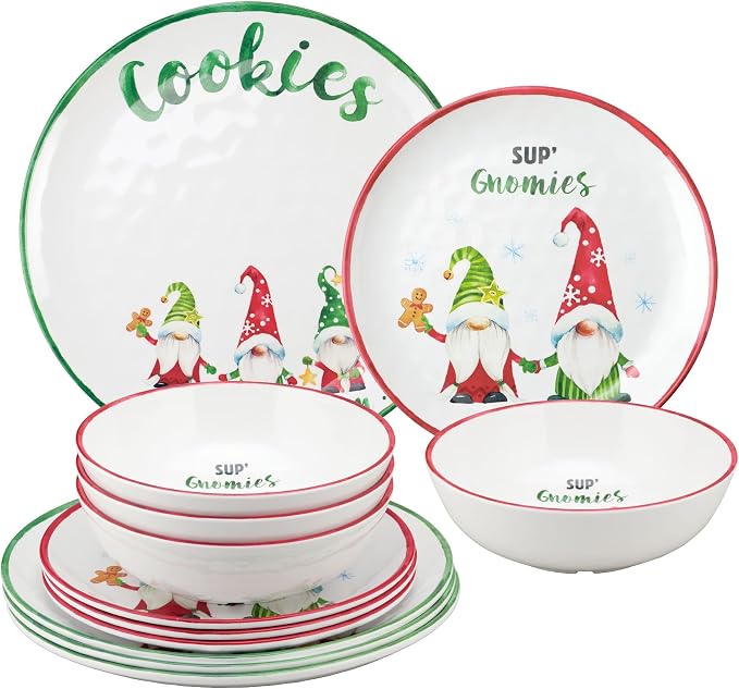 UPware 12 Piece Gnomies Melamine Dinnerware Sets, Outdoor Dishes Set, Plates and Bowls Sets, Christmas Decorations, Service for 4, White