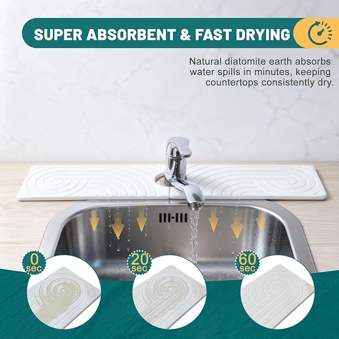 Hopegiver Stone Faucet Mat for Kitchen Sink - Fast Drying Diatomite Sink Protector Prevent Moisture, Super Water Absorbing Stone Tray for Kitchen & Bathroom Counter (White Line, 23.6"x5.1")