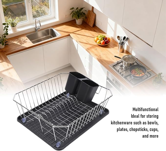 Asixxsix Dish Drying Rack, Anti Rust Coated Dish Drainer with Utensil Holder and Drainboard, Sink Organization and, 14" x 12" x 5" for Home and Apartment Decor (Silver)