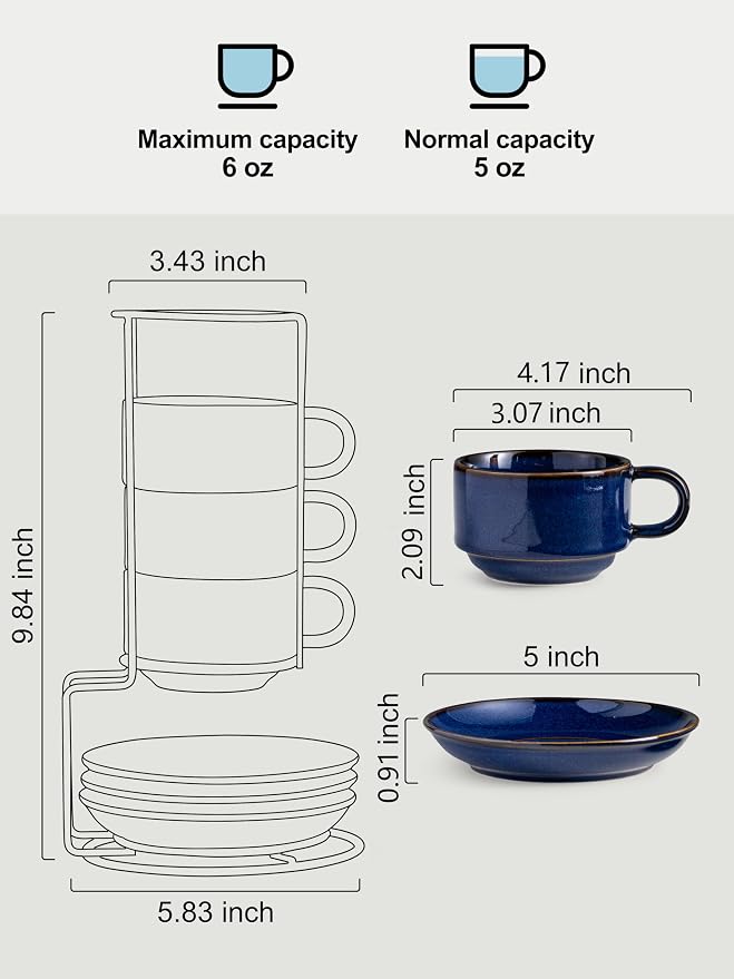 Gomakren 6 Ounce Cappuccino Cups with Saucers and Metal Stand, Stackable Coffee Cup Set of 4, Father's Day Porcelain Espresso Cups for Coffee Drinks, Cappuccino, Latte, Americano, Tea, Cobalt Blue