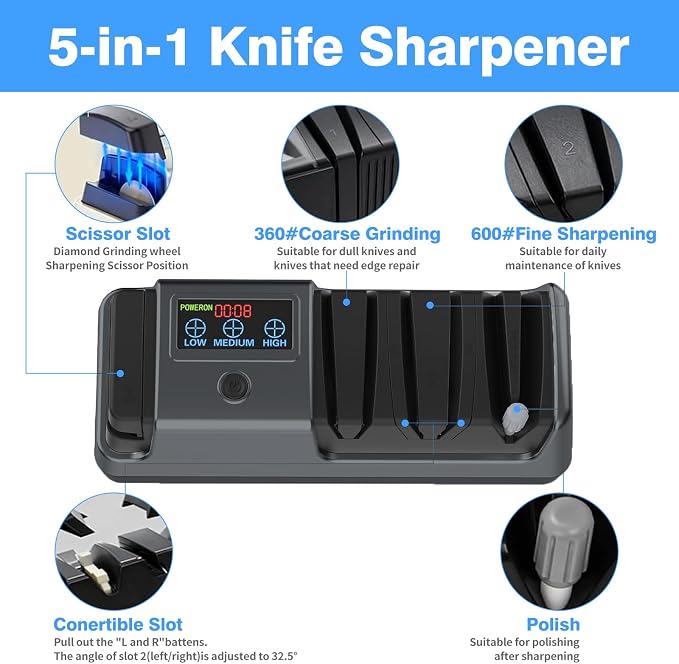 5-in-1 Electric Knife Sharpener for Kitchen Knives, Scissor Sharpener with 3-Speed & 100% Diamond Abrasives-Quickly Sharpening for Straight, Serrated, Meat Cleaver, Ceramic Knives & Kitchen Knives