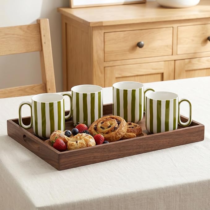Ceramic Coffee Mugs Set of 4, 15 oz Stoneware Coffee Cups with Handle, Aesthetic Green Stripe Latte Tea Mug for Latte Tea Hot Chocolate, Microwave and Dishwasher Safe (15 oz)
