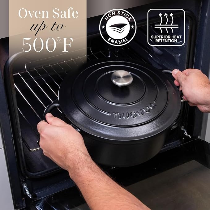 Cast Iron Dutch Oven with Lid - Non-Stick Ovenproof Enamelled Casserole Pot - Sturdy Dutch Oven Cookware - Black, 3.1-Quart, 22cm- by Nuovva