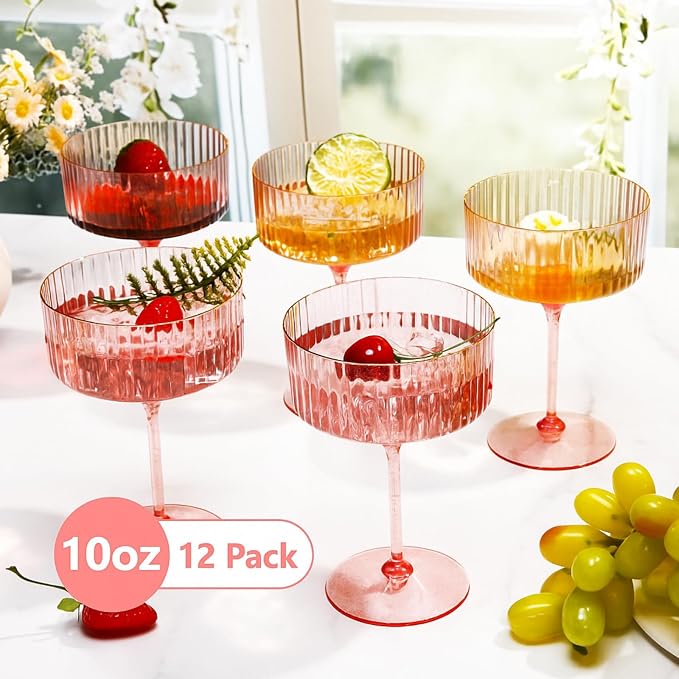 Jingmore 12 Pcs Ribbed Martini Glasses 10 oz Disposable Plastic Vintage Ribbed Coupe Glasses with Gold Rim Glitter Cocktail Unbreakable Dessert Parfait Glassware for Wedding Party Supplies (Pink)