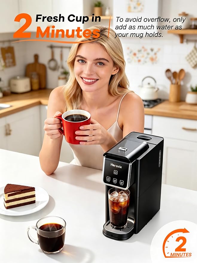 Horavie Hot and Iced Single Serve Coffee Maker, for K-Pod and Grounds, Strong Brew Setting, 6-12 Oz Brew Sizes One Cup Coffee Maker for Home, Travel, RV, Office and Dorm, Black