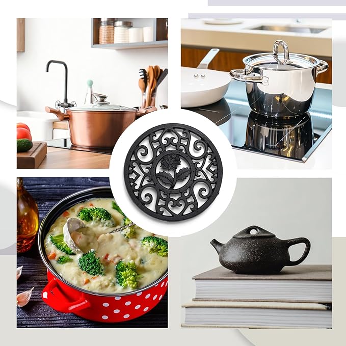 LEIFIDE 4 Pack Cast Iron Trivet with Pegs 5.2 Inch Round Metal Trivet with Vintage Patterns Rustproof Heat Resistant Hot Pot Plate Stand Holder Mat Pad for Kitchen Dining Table, Black