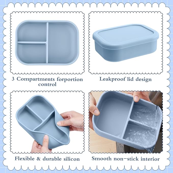 Honeydak 4 Pcs Silicone Bento Box for Adults, 3 Compartment Lunchable Food Container for Women Men, Leak Proof Microwave Dishwasher Freezer Safe (Grey,Blue,Khaki,Orange)