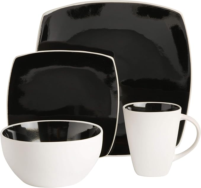 Gibson Soho Lounge Square Reactive Glaze Stoneware Dinnerware Set, Service for 4 (16pc), Black/white