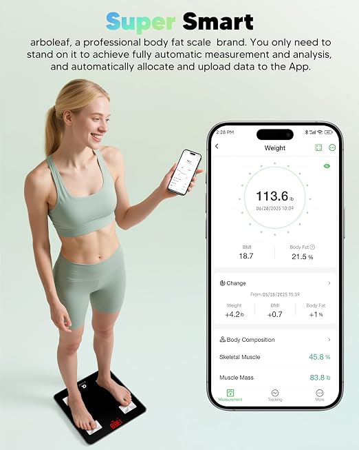 arboleaf Smart Scale for Body Weight and Fat, Bluetooth Digital Bathroom Scale, Body Composition Analyzer with App, 14 Metrics Include BMI, 400lb Capacity(Black) | Bluetooth Digital Bathroom Scale, Body Composition Analyzer with App, 14 Metrics Include...