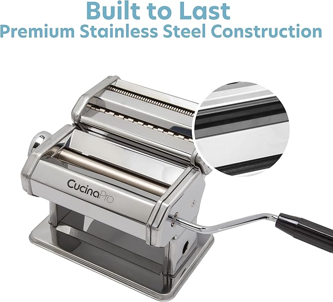 Pasta Maker Machine- Heavy Duty Chrome Coated Steel Construction with Fettucine & Spaghetti Attachments, Rollers w Adjustable Thickness Settings, Manual Hand Crank for Precise Noodles w Recipe Guide