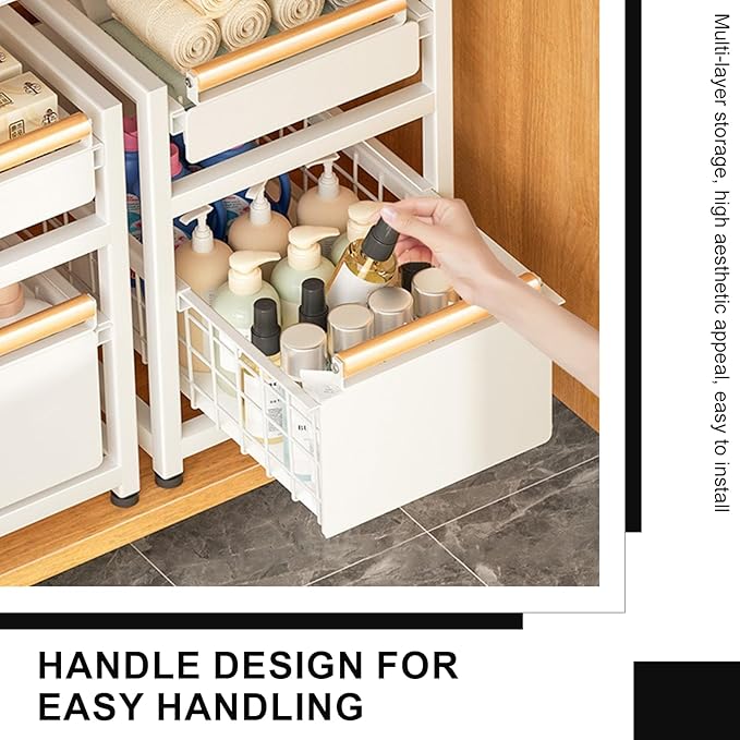 2 Tier Pull-out Storage Organizer, Slide Out Kitchen Cabinet Storage Sliding Shelves, Under Sink Organizers Drawer, Mesh Cabinet Basket with Handle for Bathroom, Home(White,Double Layer S)