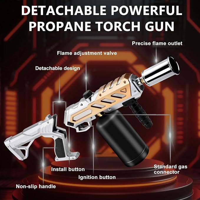 Powerful Propane Torch with Detachable Design, Adjustable Flame Kitchen Blow Torch, Flamethrower Gun Torch Burner for BBQ, Searing Steak, Welding, Camping Charcoal Lighter (Tank Not Included)