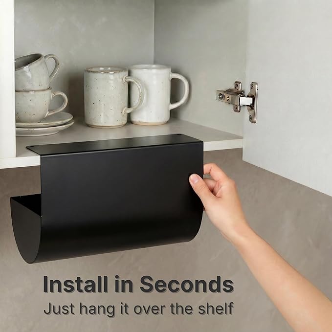 Under Cabinet Paper Towel Holder - No Drill Shelf Mount, Easy Tearing Design, Space-Saving, Magnet-Ready Steel Surface, Fits Standard US Rolls up to 11" (Black)