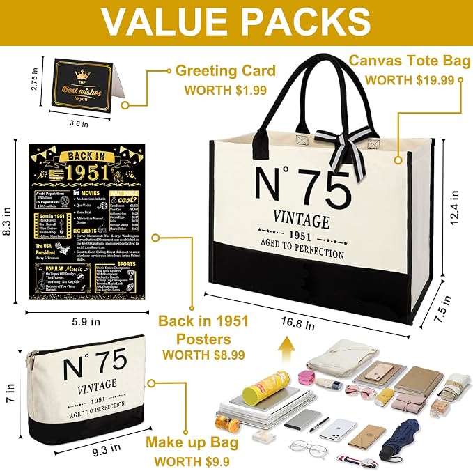 YeohJoy 75th Birthday Gifts for Women Canvas Tote Bag Travel Gear, Unique 75 Years Old Gifts for Wife Mom Sister Aunt Friends Her, Vintage N°75 Handbag & Cosmetic Bag & Back in 1951 Poster