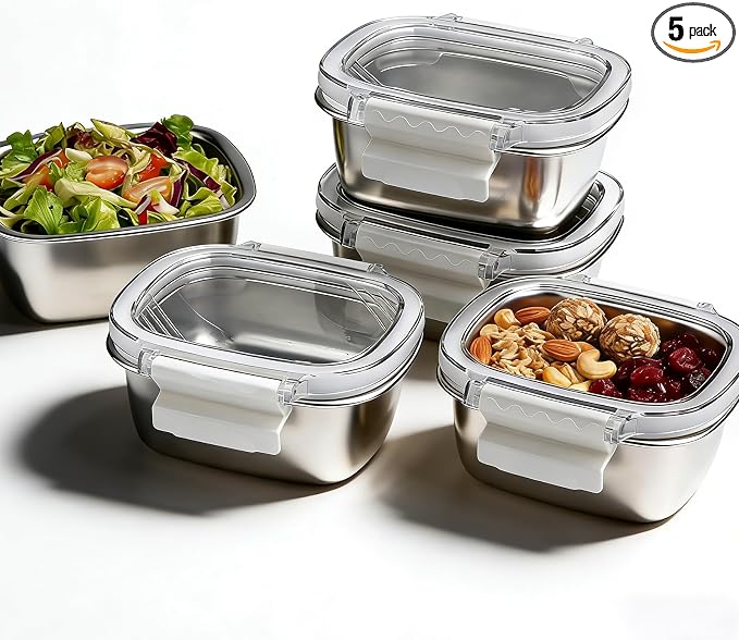 5 Pack Food-Grade 304 Stainless Steel Reusable Snack Containers with Lids - 8.45 oz Small Metal Meal Prep Boxes, Shatterproof Leakproof Freezer Safe for Portioning Snacks & Dips