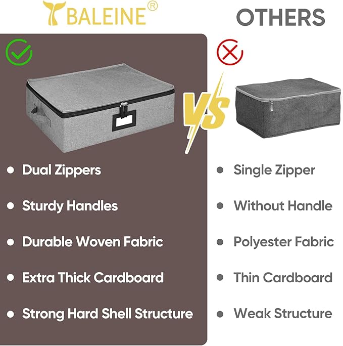 BALEINE China Storage Containers, Sturdy Quilted Wine Glass Storage, Plate Organizer with Carry Handles, Moving Boxes for Dishes, Cups, Mugs and Stemware (Mug, Hard Shell Grey)