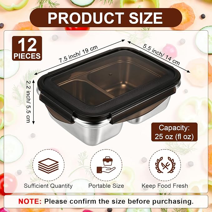 12 Pack 304 Stainless Steel Food Storage Containers 2 Compartment Food Grade Metal Lunch Bento Boxes with Airtight Lid 25 oz/750ml Meal Prep Container Freezer Dishwasher Safe