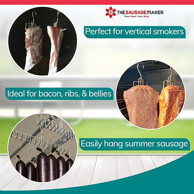 The Sausage Maker® Bacon Hanger 12-Prong Meat Hooks SUS304 Stainless Steel, Heavy Duty Butcher’s Hook Accessories for Meat Smoking, Processing, Drying, Grilling, BBQ, 12.5” W x 5.8” H