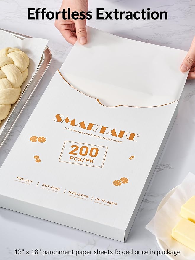 SMARTAKE 200 Pcs Parchment Paper Baking Sheets, 13x18 Inch Non-Stick Precut Baking Parchment, Suitable for Baking Grilling Air Fryer Steaming Bread Cup Cake Cookie and More (White)