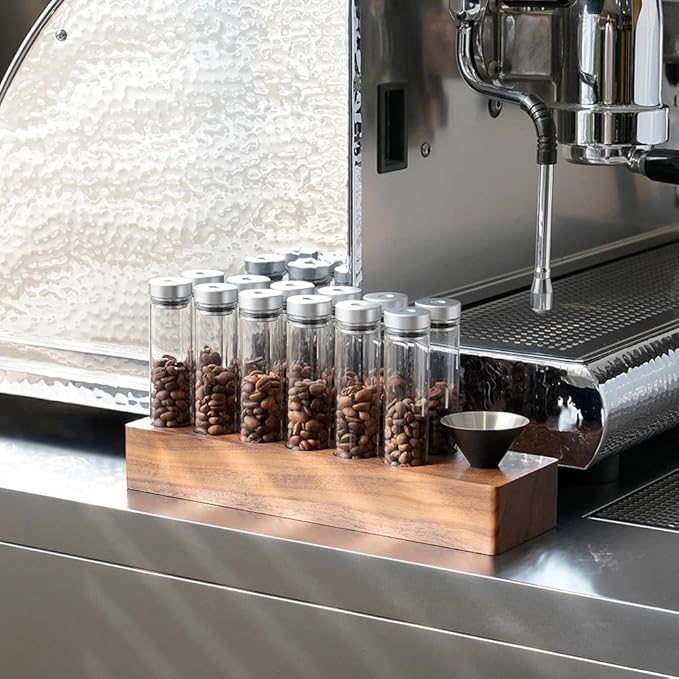 watchget 12-Piece Single Dose Coffee Bean Storage Tubes Coffee Storage Container with One-Way Exhaust Valve, Glass Vials with Walnut Wood Base And Funnel