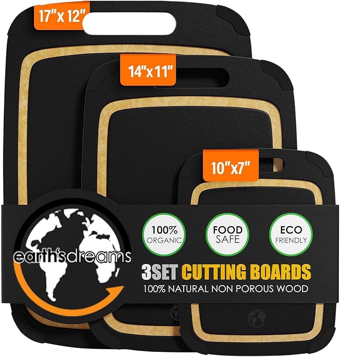 Composite Wood Cutting Board Set of 3 – Built In Juice Groove, Dishwasher Safe, Non-Toxic & Cutting Boards for Kitchen – Large, Medium & Small Non-Slip Wood Charcuterie & Chopping Boards (Black/Tan)