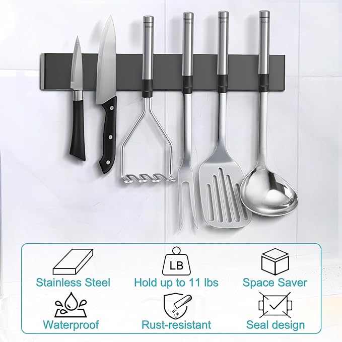 Knife Magnetic Strip With 3 Hooks, 14" Magnetic Knife Holder for Wall Mount Fridge Refrigerator, No Drill Knife Magnet Tool Holder Bar Adhesive Backing, Kitchen Organizer Knives Block RV Accessories