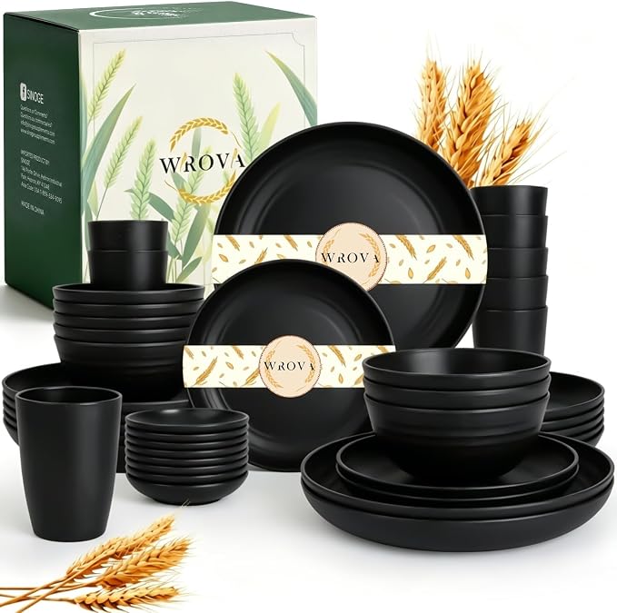 Wrova Wheat Straw Dinnerware Sets 40-Piece- Kitchen Plates and Bowls Sets for 8- Unbreakable Dishes Set Microwave Safe- Deep Dinner Plates/Cereal Bowls/Sauce Dishes/Drink Cups for RV,Apartment- Black