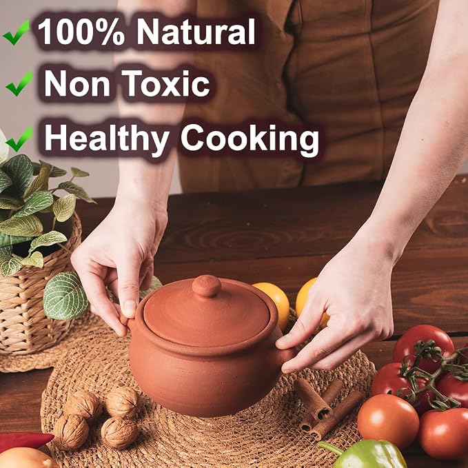 Small Earthenware Clay Mud Eathern Terracotta Cooking Pot Pottery Cazuela Cookware with Lid Natural Stovetop Stove Top Stone Stew Rice Unglazed Mexican Indian Kitchen Oven Terra Cotta Handcrafted Traditional Healthy (0.6 Quarts - Size1)