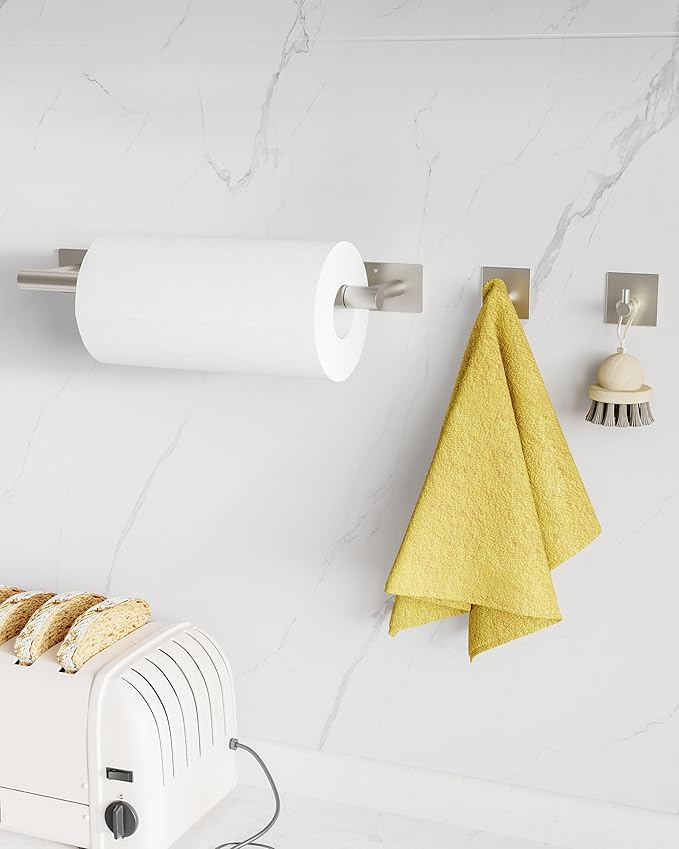 Paper Towel Holder Under Cabinet, Self Adhesive or Wall Mounted SUS304 Stainless Steel Paper Towel Holder for Kitchen, Bathroom(2 Towel Hooks, Silver)